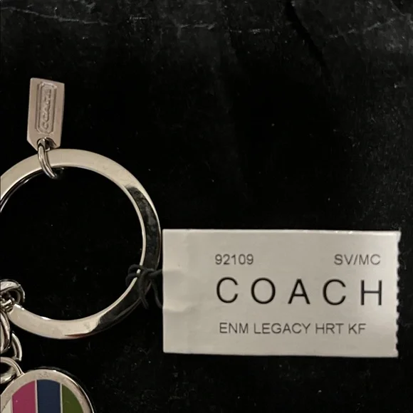 Coach Multi Legacy Stripe Heart Keychain Key Ring Fob MINT NWT and Pouch - Picture 2 of 5